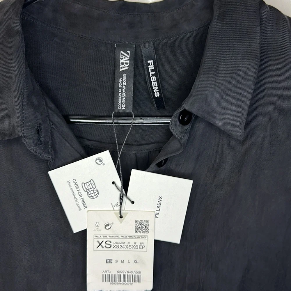NWT Zara Lyocell black button down blouse XS - Picture 4 of 9